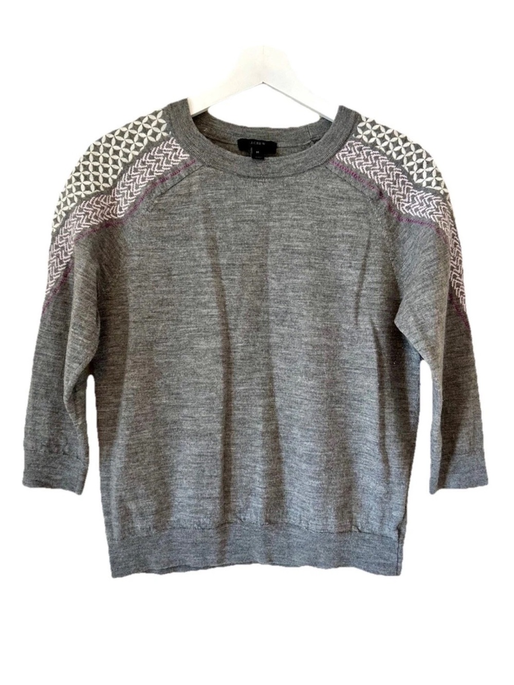 J.Crew Grey Knit Crewneck 100% Merino Will Sweater with Patterned Shoulders Sz M